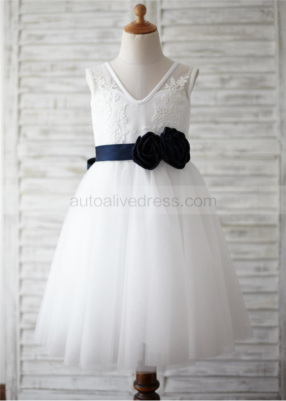 Ivory Lace Tulle V Neck Navy Blue Flower Sash Knee Length Flower Girl Dress  Ivory Lace Tulle V Neck Navy Blue Flower Sash Knee Length Flower Girl Dress